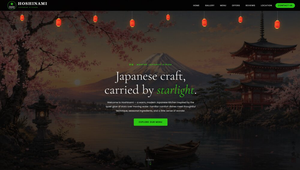 Hoshinami Japanese Kitchen — restaurant website hero section, built by Pentascale